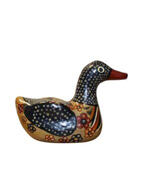 Vtg MexicoTonala Pottery Duck Hand-Painted Floral & Geometric Designs Folk Art